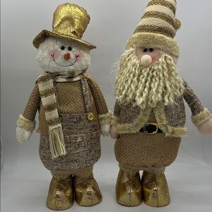 Gold and Cream Santa And Snowman Holiday Plush Figurines Set